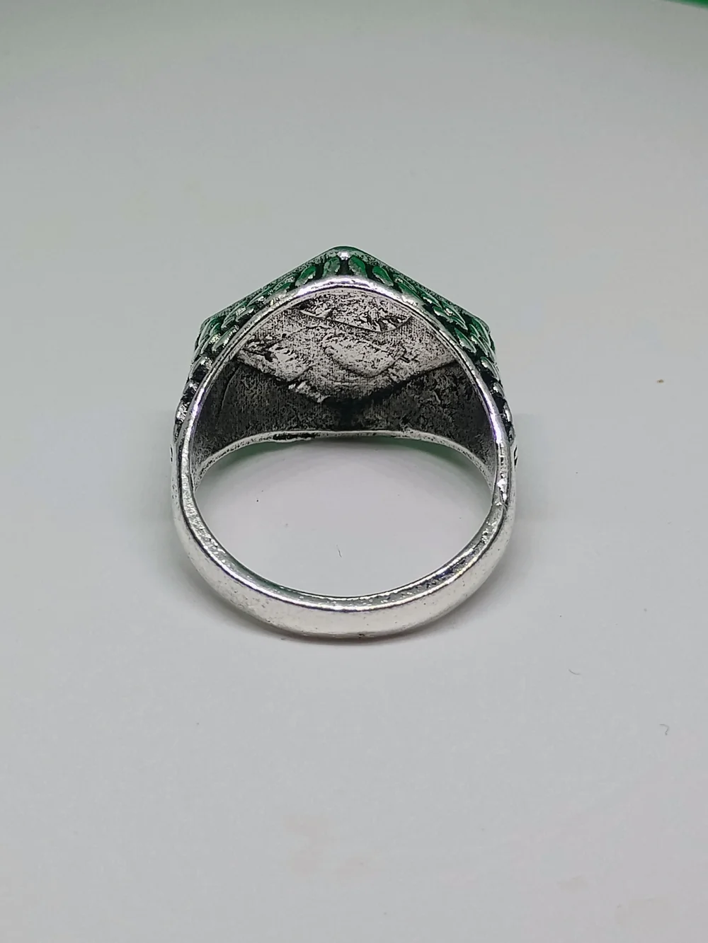Size 10 Silver-Tone Anchor Signet Ring with Green Accents - Men's Accessory